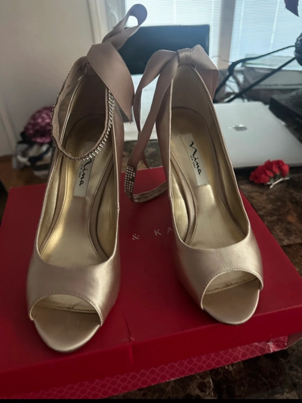 Nina Blush Satin Peep-Toe Heels with Rhinestone Ankle Accent